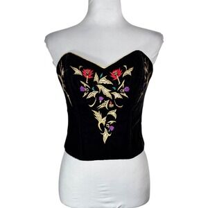 Vintage 90s Victoria's Secret Black Gold Embroidered Velvet Bustier Corset Top L